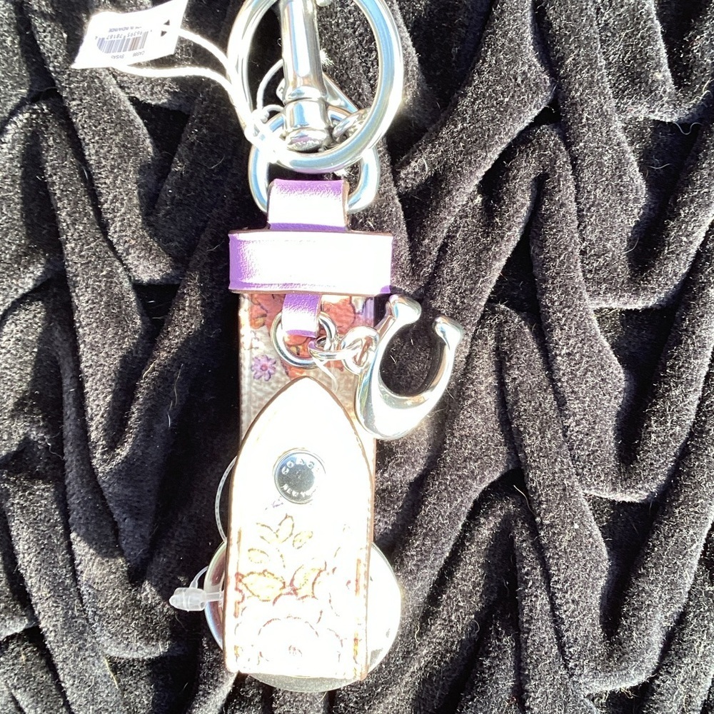 NWT Coach Trigger Snap Key Ring Bag Charm Purple and Floral Print - Picture 7 of 7